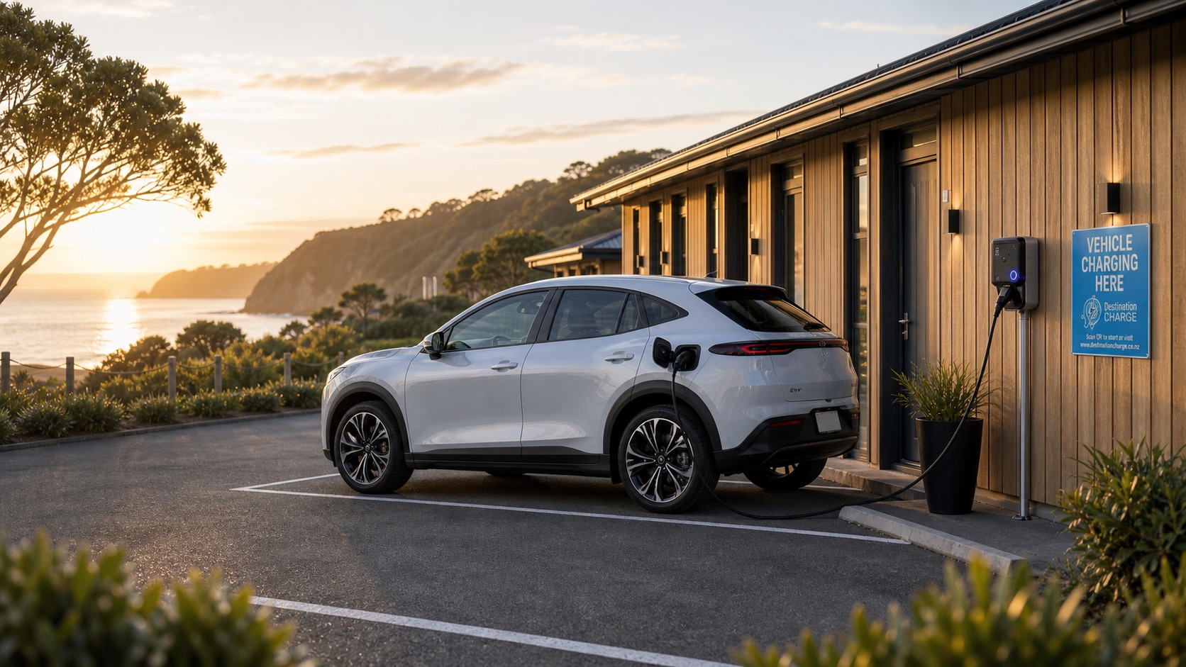 An electric car charging beside coastal accommodation at sunset